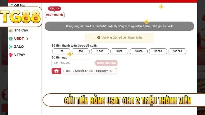Gửi tiền bằng USDT cho 2 triệu thành viên