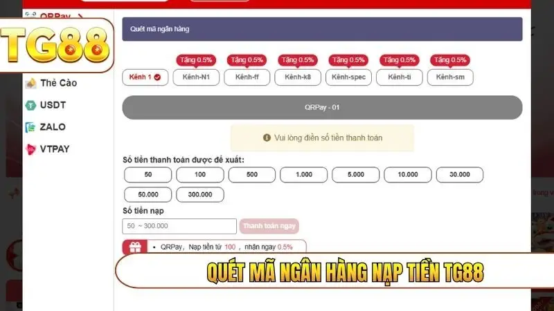 Quét mã ngân hàng nạp tiền TG88